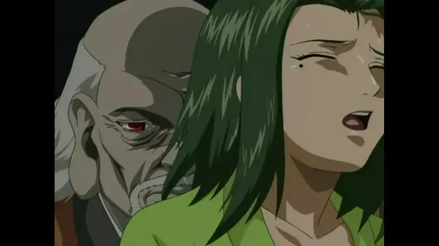 An older man with a beard and red eyes stands behind a green-haired woman who has her eyes closed and her mouth slightly open in an expression of pleasure or distress. Screenshot from The Last Kunoichi - Episode 1