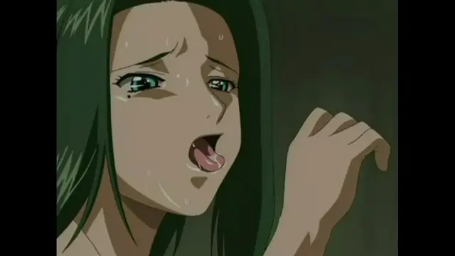 A tearful, sweating anime girl with long green hair gazes out with a wide-open mouth and a visible tongue. Screenshot from The Last Kunoichi - Episode 1