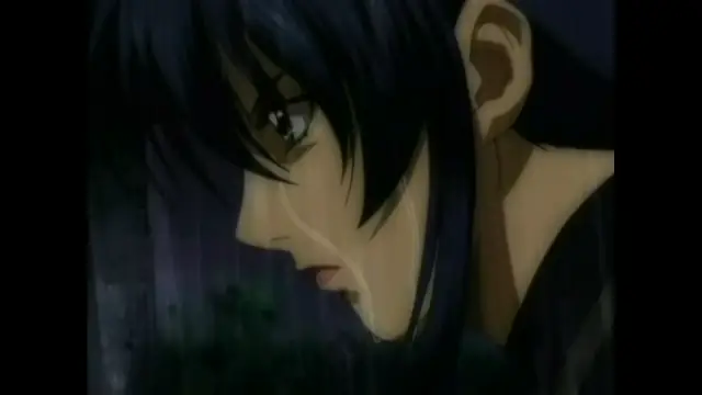 A tearful anime girl with long dark hair looks down sadly while rain falls around her in a dark, somber setting. Screenshot from The Last Kunoichi - Episode 1