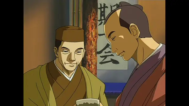 Two men dressed in traditional Japanese clothing sit together in a room, with one man holding a sake cup while they appear to be engaged in a quiet conversation. Screenshot from The Last Kunoichi - Episode 2
