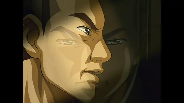 A close-up anime-style shot shows a stern-faced man with short dark hair looking intensely into a reflective surface, with his own reflection staring back at him. Screenshot from The Last Kunoichi - Episode 2