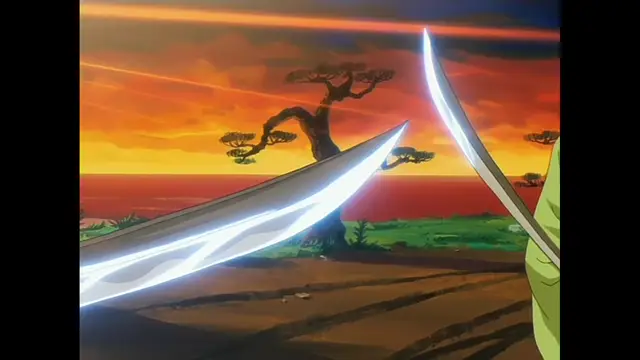 A samurai-style warrior in a green robe holds a katana, facing off against another character with a glowing blade against a sunset background with a large tree. Screenshot from The Last Kunoichi - Episode 2