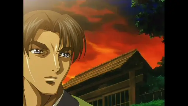 A handsome, brown-haired man with a serious expression stands before a traditional Japanese building under a fiery red sunset sky. Screenshot from The Last Kunoichi - Episode 2