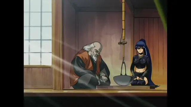 An elderly man in a dark robe and a woman in a revealing black outfit sit facing each other in a traditional Japanese room next to a large cauldron. Screenshot from The Last Kunoichi - Episode 2