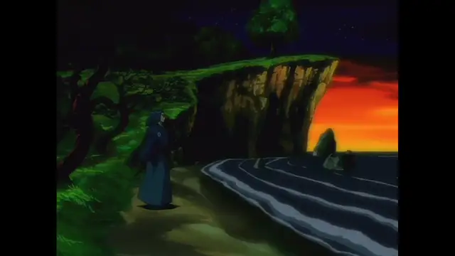 A girl in a blue dress stands on a beach looking towards a cliff at sunset. Screenshot from The Last Kunoichi - Episode 2