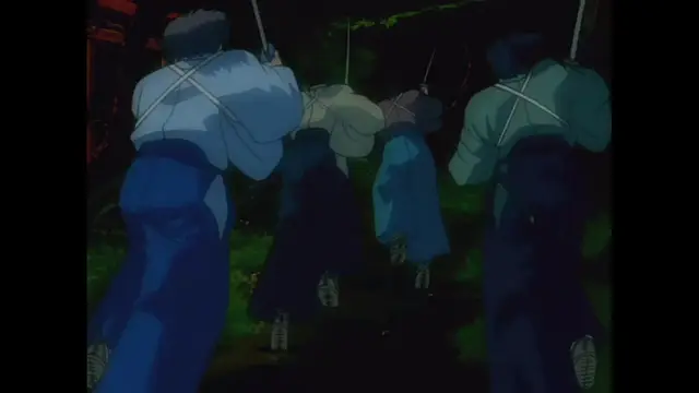 A group of four men in traditional Japanese clothing are seen from behind, standing in a line in a dark outdoor setting, with one man in the foreground on the left and three others further back. Screenshot from The Last Kunoichi - Episode 2