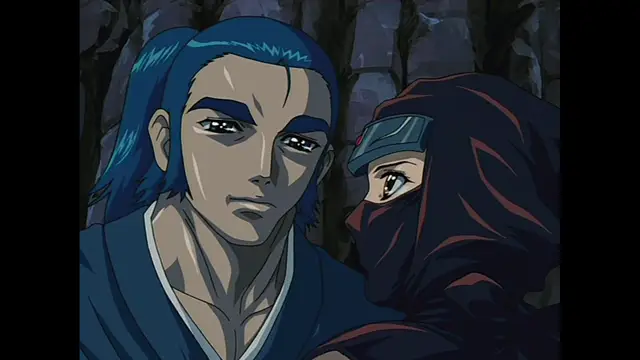 A blue-haired man with a stoic expression stands next to a ninja in a dark red mask who is peering at him from the side in a forest setting. Screenshot from The Last Kunoichi - Episode 2