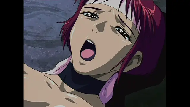 A close-up shot of a woman with long burgundy hair and a white headband lying on her back with an open mouth and sweat on her face. Screenshot from The Last Kunoichi - Episode 2