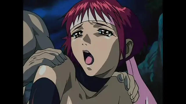 A close-up of a crying, wide-eyed anime girl with pink hair being held from behind by a muscular male character in a dark, outdoor setting. Screenshot from The Last Kunoichi - Episode 2