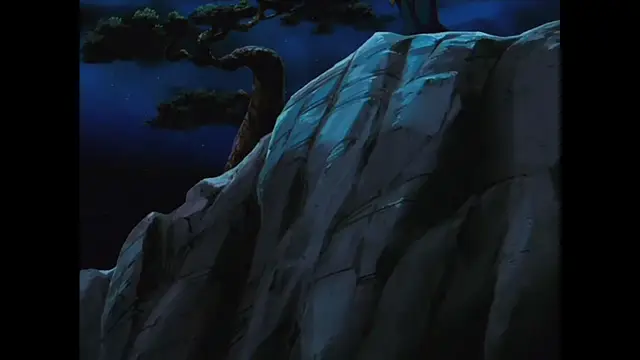 An animated scene depicts a rocky cliff under a dark night sky with a bonsai-like tree growing on the edge. Screenshot from The Last Kunoichi - Episode 2