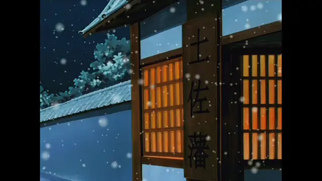 A snowy night scene features a traditional Japanese building with lit windows and a vertical sign with Japanese characters in the foreground. Screenshot from The Last Kunoichi - Episode 2