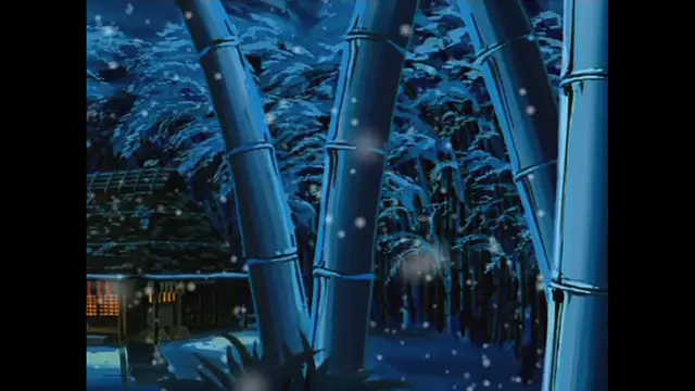 A cinematic scene of a snow-covered bamboo forest at night with a traditional Japanese building visible in the background under a starry sky. Screenshot from The Last Kunoichi - Episode 2