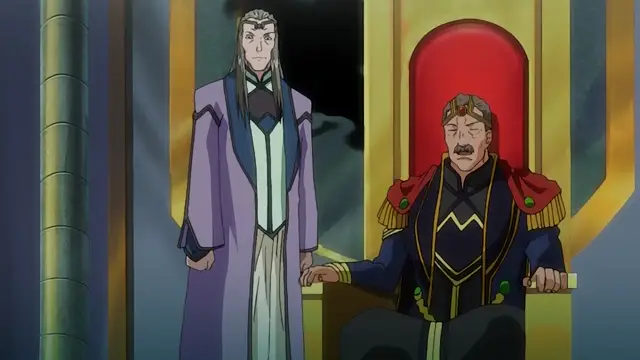 A tall, slender woman with long silver hair in a purple robe stands behind a seated, older man with a mustache in ornate military regalia on a red and gold throne. Screenshot from Dorei Maid Princess - Episode 1