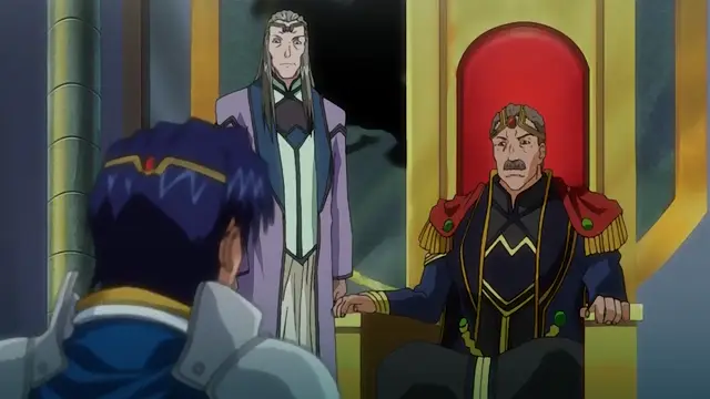 A male character with blue hair stands before a seated king in ornate royal attire and a standing advisor in long robes within a grand throne room. Screenshot from Dorei Maid Princess - Episode 1