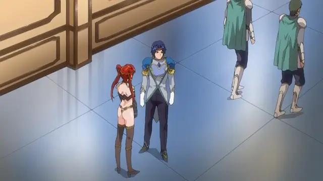 A red-haired girl in a skimpy bikini stands next to a blue-haired man in knightly armor in a palace hallway with two armored guards in the background. Screenshot from Dorei Maid Princess - Episode 1