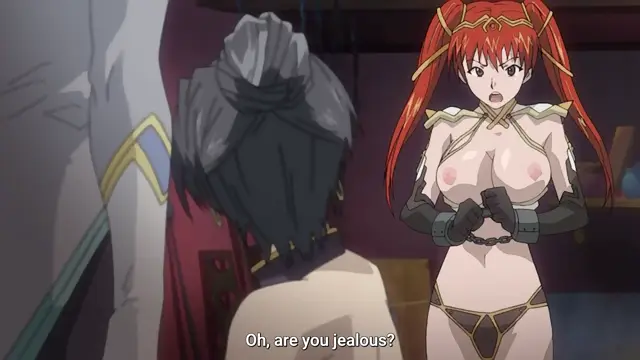 A girl with long red hair and large breasts in a skimpy bikini-style outfit stands shocked in front of a man with black hair who is looking at her, with the subtitle "Oh, are you jealous?" appearing at the bottom. Screenshot from Dorei Maid Princess - Episode 1
