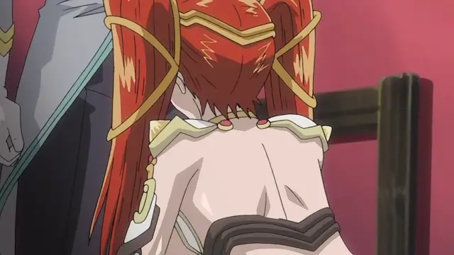 A high-angle, back-view shot of a long-haired girl with golden hair accessories and a white and gold outfit looking down while a man's hand is visible on her shoulder. Screenshot from Dorei Maid Princess - Episode 1