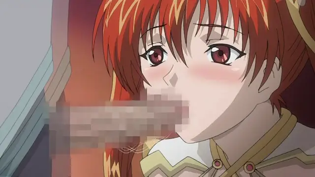 A close-up shot of a red-haired anime girl with blushing cheeks and wide eyes looking distressed as her mouth is censored by a pixelated bar. Screenshot from Dorei Maid Princess - Episode 1