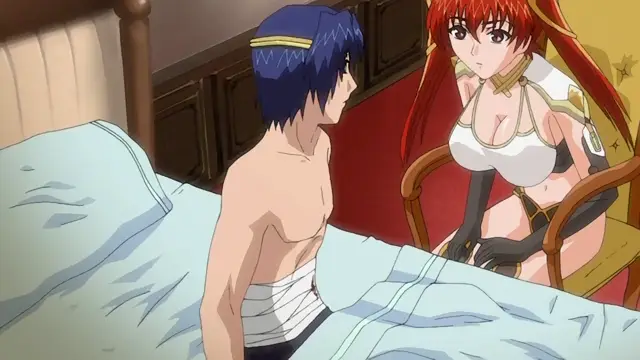 A shirtless blue-haired man sits on a bed while a red-haired woman in a white and gold bikini sits in a chair facing him. Screenshot from Dorei Maid Princess - Episode 1
