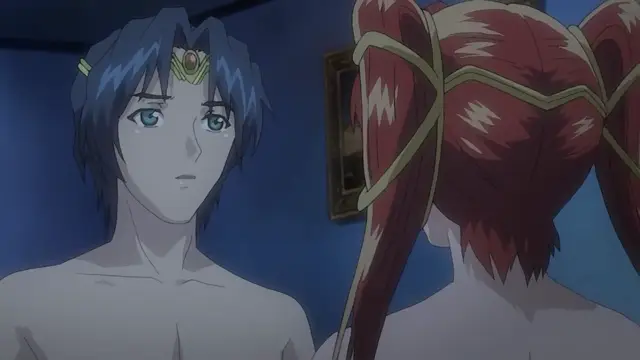 A shirtless male character with blue hair and a crying expression faces a woman with long red pigtails in a room, while a subtitle at the bottom of the frame is not visible. Screenshot from Dorei Maid Princess - Episode 1