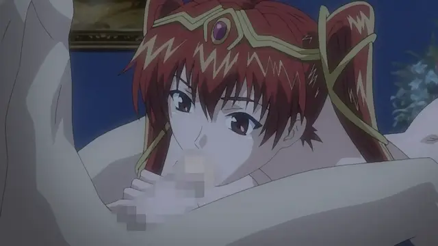 An anime girl with red hair and a gold tiara is shown from a close-up angle while she is being oral sexed by a blurred figure. Screenshot from Dorei Maid Princess - Episode 1