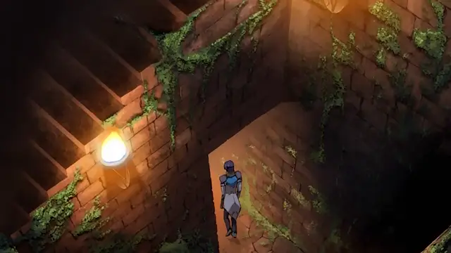 A small, blue-armored character stands in a dark, vine-covered stone corridor, illuminated by a glowing lantern. Screenshot from Dorei Maid Princess - Episode 2