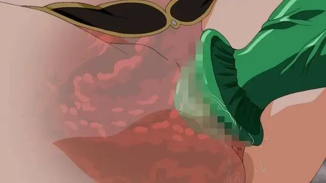 A close-up shot shows a character with sunglasses engaged in oral sex on another character's erect penis, which is partially pixelated and wears a green condom. Screenshot from Dorei Maid Princess - Episode 2