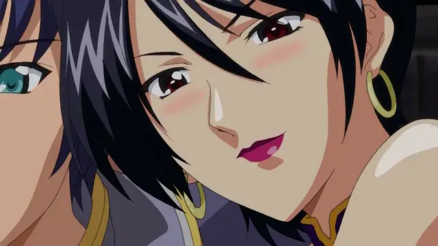 A close-up shot features a blue-haired girl with red eyes and a blushing face looking towards the viewer with a seductive expression, while another girl with blue eyes is partially visible behind her to the left. Screenshot from Dorei Maid Princess - Episode 2