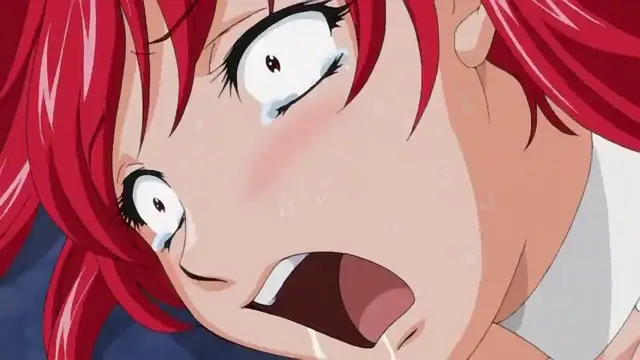 A close-up shot shows an anime girl with red hair and a distressed expression, featuring wide eyes with tears and heavy blushing on her face as her mouth hangs open in a shocked gasp. Screenshot from Dorei Maid Princess - Episode 2