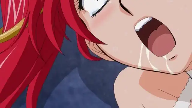A close-up shot shows a red-haired anime girl with a blushing face, closed eyes, and an open mouth dripping with saliva as she is being bent over and potentially fucked from behind. Screenshot from Dorei Maid Princess - Episode 2