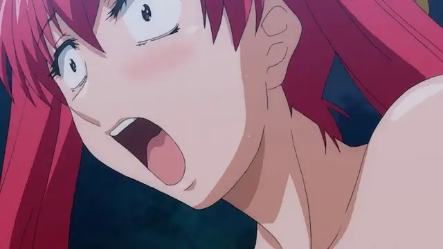 A close-up shot shows a blushing anime girl with long pink hair and wide eyes, her mouth agape in a shocked or aroused expression as she looks upward. Screenshot from Dorei Maid Princess - Episode 3