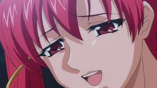 A close-up anime still of a woman with long pink hair and red eyes, looking slightly dazed and sweaty with her mouth open as she faces the camera. Screenshot from Dorei Maid Princess - Episode 3