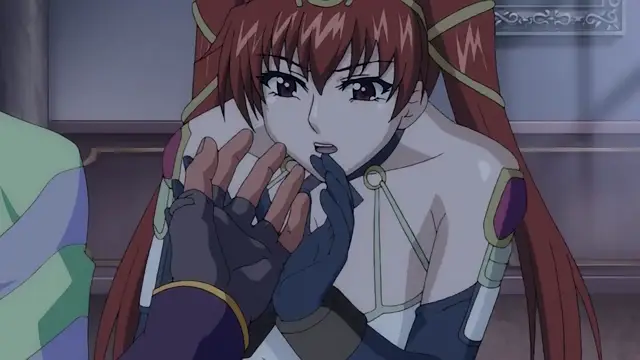 A long-haired girl in a white and blue dress looks surprised as a man with black gloves holds her chin and hand. Screenshot from Dorei Maid Princess - Episode 3