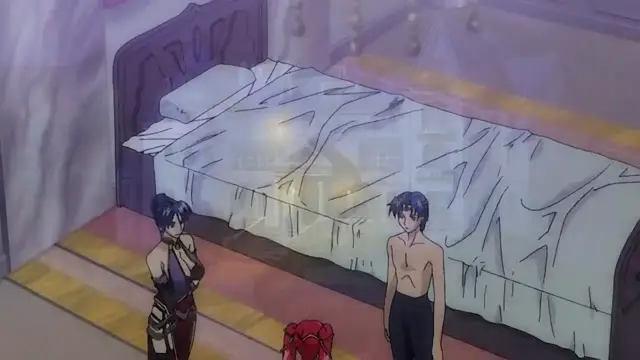 A shirtless male character and a female character in a dark outfit stand in a bedroom with a large bed, looking toward the camera. Screenshot from Dorei Maid Princess - Episode 3