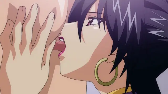 A close-up anime shot shows a woman with dark hair and large gold hoop earrings kissing a man's face, with her hand resting against his cheek. Screenshot from Dorei Maid Princess - Episode 3
