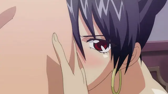 A close-up shot features a blushing woman with dark hair and red eyes looking up at a shirtless man while placing her hand against his cheek. Screenshot from Dorei Maid Princess - Episode 3