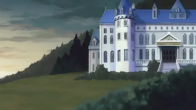 A large, blue-roofed mansion stands on a grassy hill against a sunset sky and a forested mountainside. Screenshot from Dorei Maid Princess - Episode 4