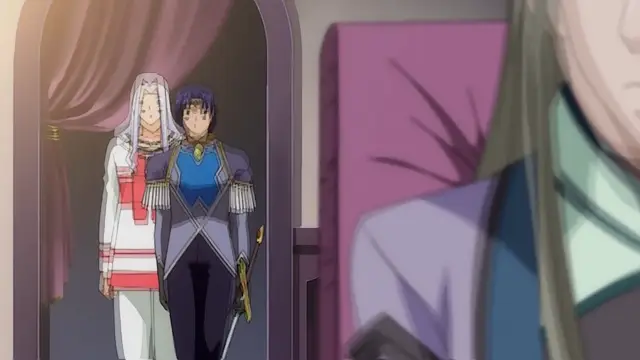 A man in blue and gold regal armor stands next to a white-haired woman in a long white and red robe as they enter a room toward a seated female figure in blue attire. Screenshot from Dorei Maid Princess - Episode 4