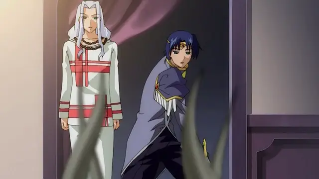 A long-haired male character in white and red clothing stands next to a blue-haired male character in a dark blue robe as they peer out from behind a purple curtain into a room. Screenshot from Dorei Maid Princess - Episode 4