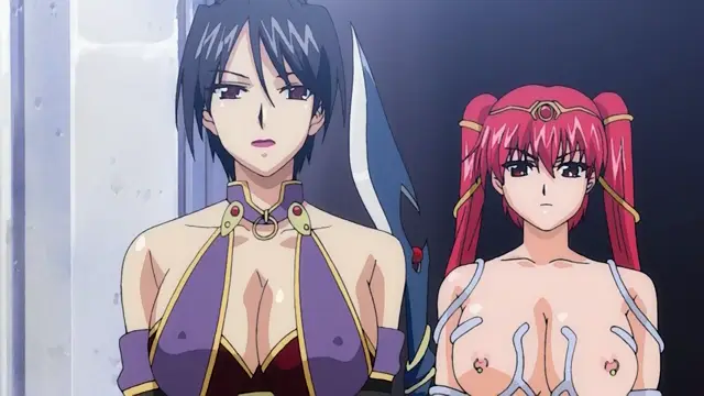 Two anime women, one with dark blue hair in a purple outfit and the other with pink pigtails wearing a revealing white outfit, stand side by side looking forward. Screenshot from Dorei Maid Princess - Episode 4