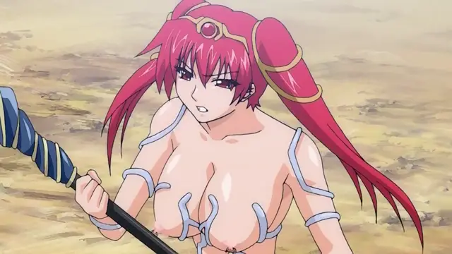 A pink-haired anime girl in a revealing white bikini top stands on a beach, holding a staff and looking surprised. Screenshot from Dorei Maid Princess - Episode 4