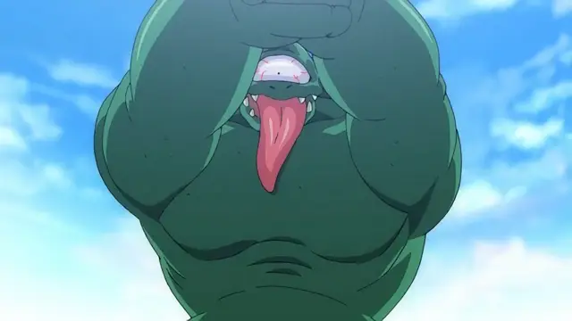 A muscular, green-skinned humanoid monster with a protruding tongue and sharp teeth looks down with a wide-eyed expression against a bright blue sky. Screenshot from Dorei Maid Princess - Episode 4