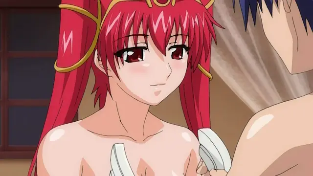 A close-up shot shows a blushing red-haired anime girl with large eyes and a small smile, wearing a white bra, looking up at a male character whose face is partially cut off. Screenshot from Dorei Maid Princess - Episode 4