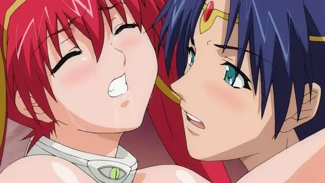 A close-up of a red-haired anime girl with sweat on her face and a blue-haired anime boy looking at her with wide eyes while they are both topless. Screenshot from Dorei Maid Princess - Episode 4