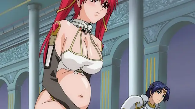 A pregnant anime woman with red hair and a white bikini top stands looking down at a smaller male character in an ornate hall. Screenshot from Dorei Maid Princess - Episode 4