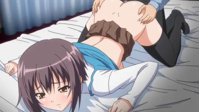 A blushing anime girl lies on a bed while a man behind her masturbates his large, exposed penis and grabs her breasts. Screenshot from Bloods Inraku no Ketsuzoku 2 - Episode 1