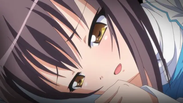 A blushing anime girl with long dark hair and large brown eyes looks up with a dazed, tearful expression while lying down. Screenshot from Bloods Inraku no Ketsuzoku 2 - Episode 1