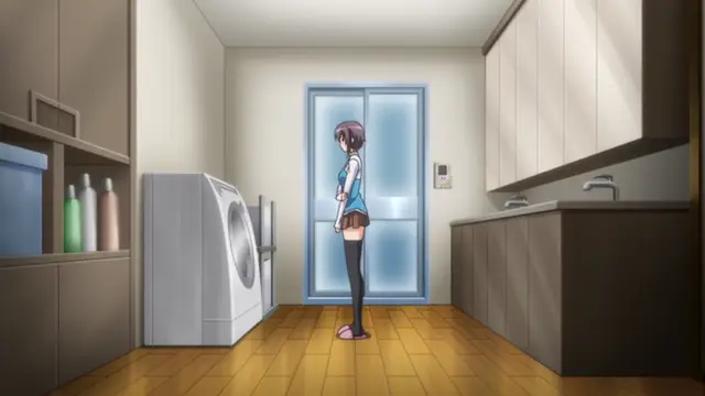A girl with short purple hair, wearing a blue sailor uniform and black stockings, stands in a kitchen looking surprised next to a washing machine and a sink. Screenshot from Bloods Inraku no Ketsuzoku 2 - Episode 1