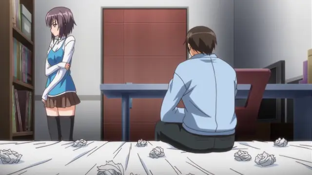 A girl in a school uniform stands with her arms crossed, looking sternly at a boy who is sitting on the floor surrounded by crumpled papers in a messy room. Screenshot from Bloods Inraku no Ketsuzoku 2 - Episode 1