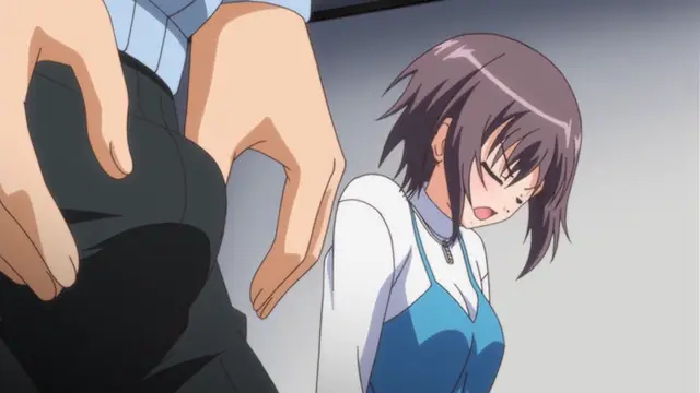 A high-angle shot shows an anime woman with short purple hair and a shocked expression looking up at a man standing in front of her in a blue dress and white coat. Screenshot from Bloods Inraku no Ketsuzoku 2 - Episode 1